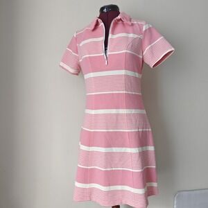 DH‎ Fashion Women's A Line Dress Pink Stripes Collared Quarter Zip Short Sleeve